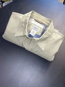 LL Bean Blue Flannel Lined Slightly Fitted Shirt Jacket Chore Med Green Canvas - Picture 1 of 19