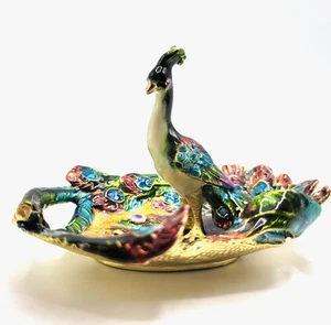 Pfau Messing emailliert Strass Schmuck Schale schöne Vogel Figur bunt - Bild 1 von 12