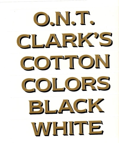 CLARK'S SPOOL CABINET LABEL 6 PIECE SET / GOLD LETTERS with BLACK SHADOW Cover