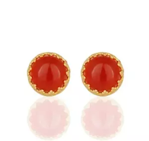 Gemstone Small Stud Earrings Gold Plated Crown Earring In Red Carnelian Stone - Picture 1 of 3
