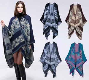 Luxury Celeb Cashmere Like Poncho Blanket Wrap Shawl Cape Amice Floral Warm Chic - Picture 1 of 15
