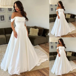 Simple Wedding Dresses Off Shoulder A Line Satin Sweep Train Beach Bridal Gowns - Picture 1 of 10