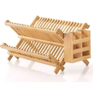 Bamboo Dish Drying Rack 2-Tier Folding Collapsible Drainer with Utensil Holder - Picture 1 of 5
