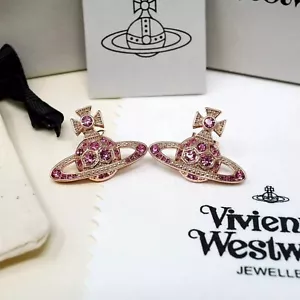Vivienne Westwood Rose Gold Tone Orb Stud Earrings with Hexagonal Pink Crystal - Picture 1 of 5