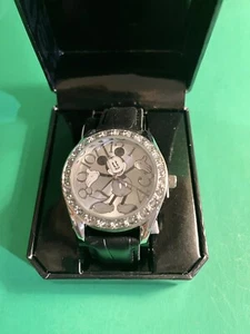 Disney Mickey Mouse Silver Dial Black Crocodile Strap Watch Rhinestone New - Picture 1 of 10