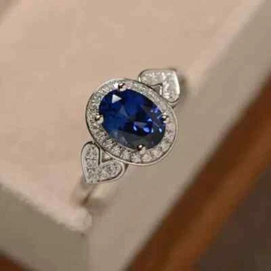 Alianza de oro blanco de 14 K ovalada de zafiro natural y diamantes reales de 1,80 quilates todas las tallas - Imagen 1 de 6