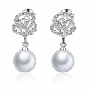 Women Girls Silver Plated Pearl Rose Earrings Drop Dangle Crystal Stud - Picture 1 of 7