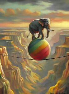 original painting 30 x 40 cm 107ChOl oil paints elephant balancing on a ball