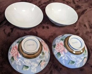 Vintage Japanese Rice Bowls Set Of 4 Floral On Blue - Picture 1 of 8
