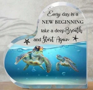 “Everyday Is A New Beginning”Heart Shaped Turtle  Standing Acrylic Plaque Decor - Picture 1 of 3