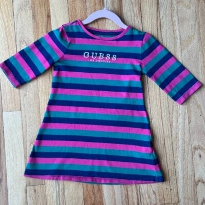 De Colección Guess Niños Vestido a Rayas Informal Bordado Logo Rosa Verde Azul Talla 4 Y2K Foto 1 de 4