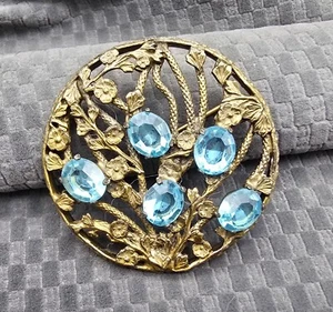 Antike Vintage Art Deco Aqua Marine Tschechische Glas Blume Brosche 2-1/2" - Bild 1 von 9