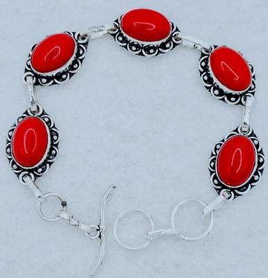 Brazalete de cadena de eslabones del suroeste de plata esterlina .925 con piedras preciosas de coral rojo 7-8 pulgadas Foto 1 de 3