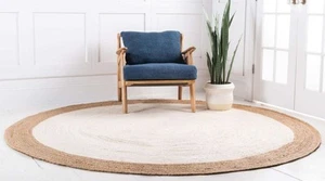 Rug 100% Braided Natural Jute Round Area Rug White Rustic Look Floor Carpet - Picture 1 of 6