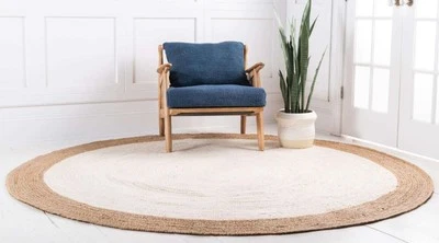 Rug 100% Braided Natural Jute Round Area Rug White Rustic Look Floor Carpet - Image 1 of 4