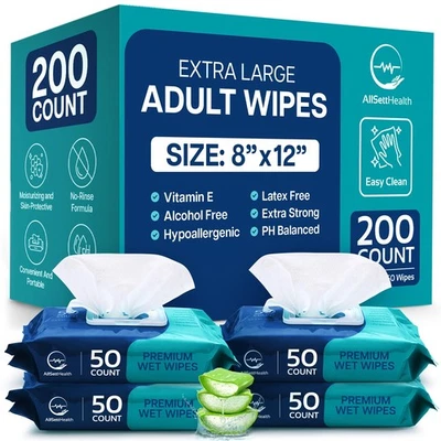 ALLSETT HEALTH Wipes for Adults Bathing No Rinse - Adult Wipes for Elderly 8" X 12" (200 Count)