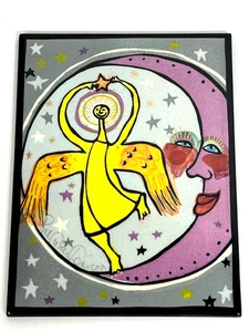 Pat Custer DENISON artist signed Pottery Tile Moon-Dancer angel & moon 6x8 EUC - Picture 1 of 2