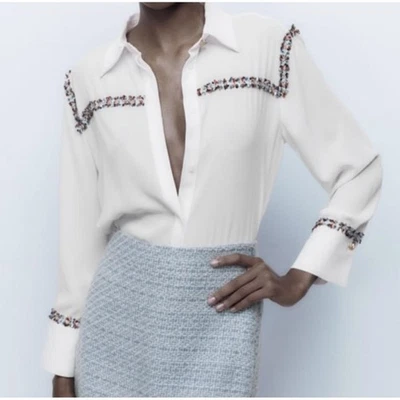 Blusa Camisa Zara S Combinación Texturizada Tweed Ribete Gasa Abotonada Blanca Foto 1 de 4