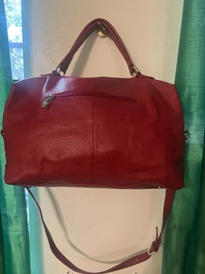 Red Leather Duffle Bag with Adjustable Strap and Top Handles - Image 1 of 2