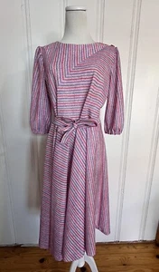 Vintage 1970s 1980s Handmade Dress Striped Colorful 3/4 Belted Lightweight - Picture 1 of 8