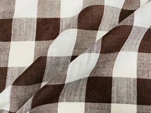 Gingham Checked Linen Fabric Plaid Buffalo Material 150cm wide DARK BROWN White - Picture 1 of 6