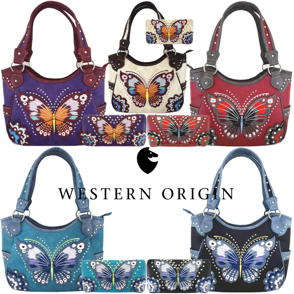 Western Style Butterfly Handbag Concealed Carry Purse Women Shoulder Bag Wallet - Image 1 of 1