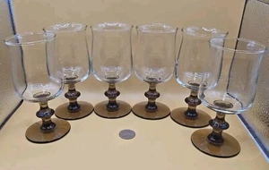 Set 6 Vtg Libbey TWO-TONE TULIP Brown Water Goblets Pedestal Knob Stem 5 5/8" - Picture 1 of 14