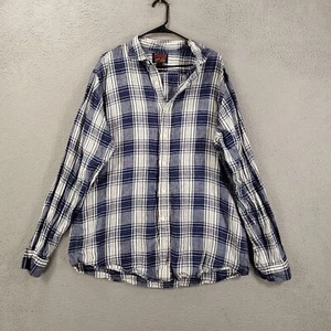 Mens Linen Button Up Shirt Size XL White Blue Plaid Long Sleeve 100% Linen - Picture 1 of 6