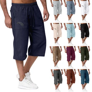 Men's Casual Comfy Capri Pants Drawstring Waist Loose Cargo Cropped Trousers - Picture 1 of 52