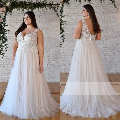 Vestido de noiva plus size decote em V sem costas sem mangas aplique linha A - Imagem 1 de 4
