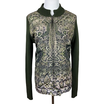 Cárdigan One World Suéter Chaqueta Mujer XL Verde Cremallera Completa Acanalado Tejido Estampado Foto 1 de 4