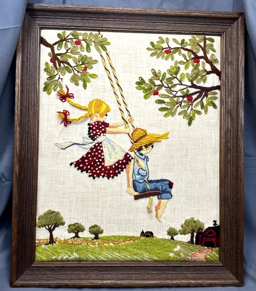 Vintage Folk Art Embroidery Needlepoint Framed Farm Art Tree Swing 23"x19"x1 - Image 1 of 4