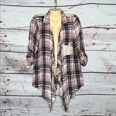 Cárdigan One World Talla XL Blanco y Rosa a Cuadros - Borde de Encaje Crema Frente Abierto Foto 1 de 4