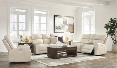 LUJO Juego de 3 piezas Sofá reclinable eléctrico de cuero de grano superior genuino beige Foto 1 de 4