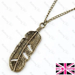 BIG METAL FEATHER charm pendant NECKLACE 30"long chain ETHNIC BOHO vintage brass - Picture 1 of 6