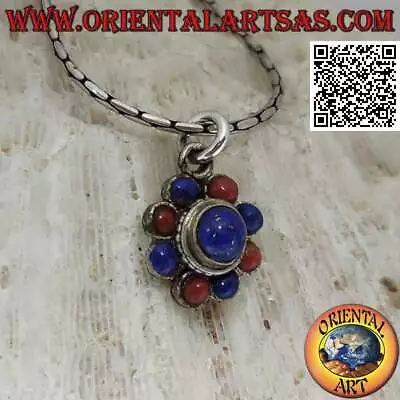 Ciondolo in argento 925‰ a fiore tondo di lapislazzuli e coralli alternati - Immagine 1 di 3
