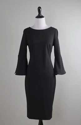 Vestido Vaina Calvin Klein $129 Negro Sólido Crepé Perla Manga Campana Talla 4 Foto 1 de 4