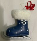 Snowflake With White Fur At Top Of Blue Ice Skate Christmas Tree Ornament.