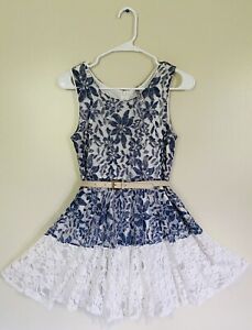 BEAUTEES Navy and White Crochet Floral Tiered Girl Dress size 16, without belt.