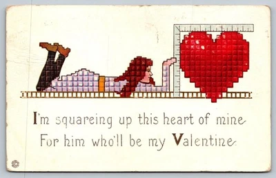 Vintage 1916 Valentine Postcard Square Heart & Woman Measuring - Image 1 of 2
