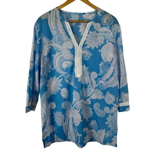 J. McLaughlin XL Cotton Blue Caftan Paisley Tunic Vacation Resortwear Cover Up - Picture 1 of 10