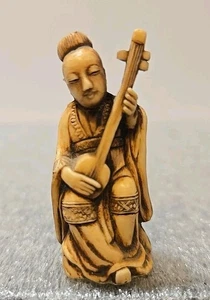 Netsuke Japanese Detailed Carved Woman/Geisha Playing Stringed Instrument Figure - Picture 1 of 11
