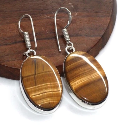 Elegante Ojo de Tigre 925 Chapado en Plata Pendientes 1.7" Mejor Regalo para Mujer MJ Foto 1 de 3