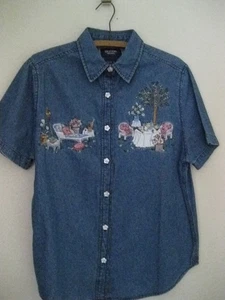 Camisa vaquera vintage bordada + apliques talla pequeña Country Cottagecore 1990 - Imagen 1 de 5