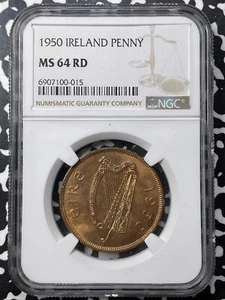 1950 Ireland 1 Penny NGC MS64RD Lot#G8948 Choice UNC! - Picture 1 of 3