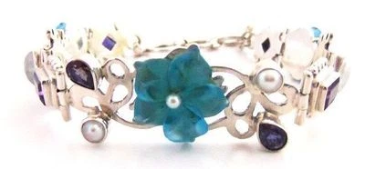 B67 CARVED BLUE QUARTZ, AMETHYST, MOONSTONE STERLING SILVER BRACLET 37 GRAMS  - Image 1 of 4