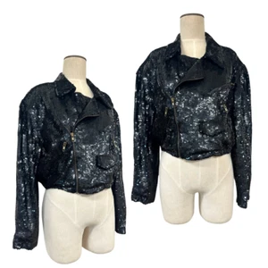 Vintage 1980s MODI Black Sequin Zip Up Rocker Biker Glam Moto Jacket - Picture 1 of 6