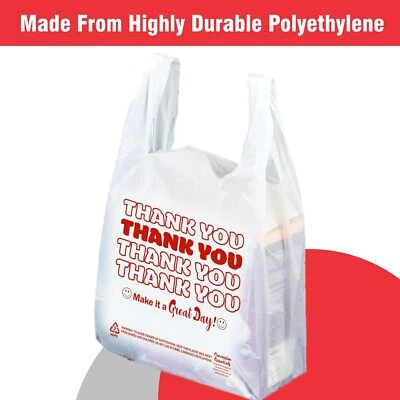 THANK YOU T-Shirt Bags 11.5" x 6.5" x 21" White Plastic Shopping bag 50 - 1000 - Image 1 of 4