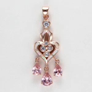 Dangle Heart Pendant Rose Gold Plated .925 Sterling Silver Pink Opal Inlay - Picture 1 of 2