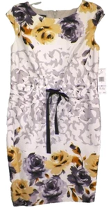 Jones New York Sheath Dress Size 6 Purple Yellow Roses Black Bow New with Tags - Picture 1 of 6
